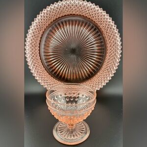 Anchor Hocking Pink depression glass plate (10”) & hobnail glass (6oz)